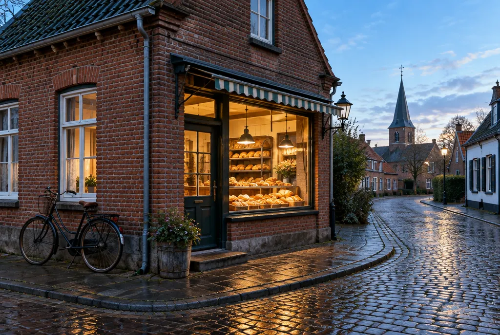 Die Bäckerei an der Straßenecke im Morgengrauen, das Schaufenster leuchtet