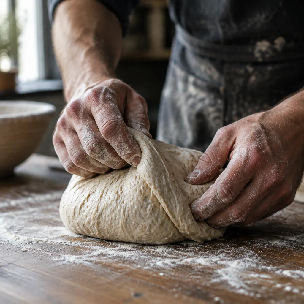 Hände falten Sauerteig auf einem bemehlten Holztisch