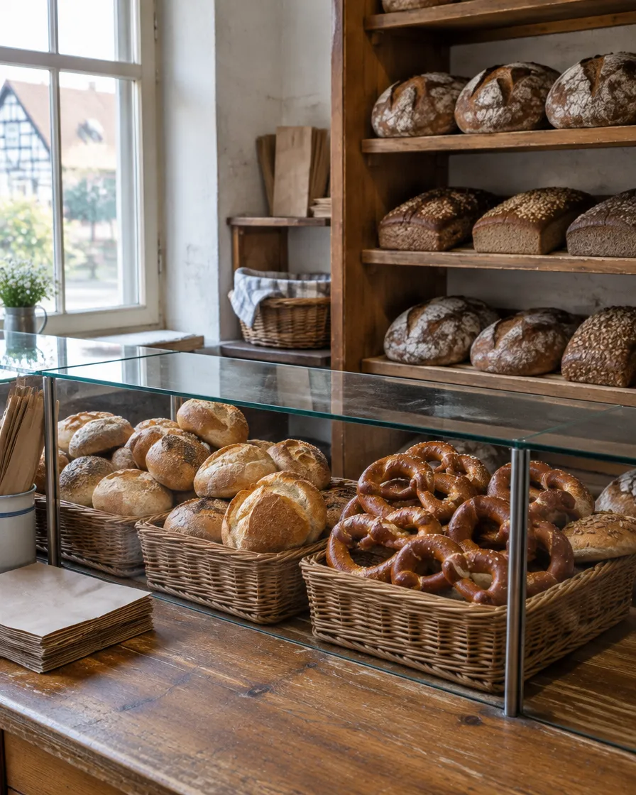 Körbe mit Brötchen und Brezeln in der Theke, dahinter Brote im Holzregal