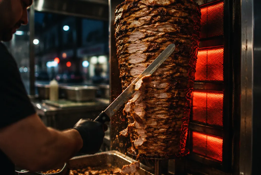 Der Dönerspieß dreht sich vor dem glühenden Grill, ein Messer schneidet dünne Scheiben ab