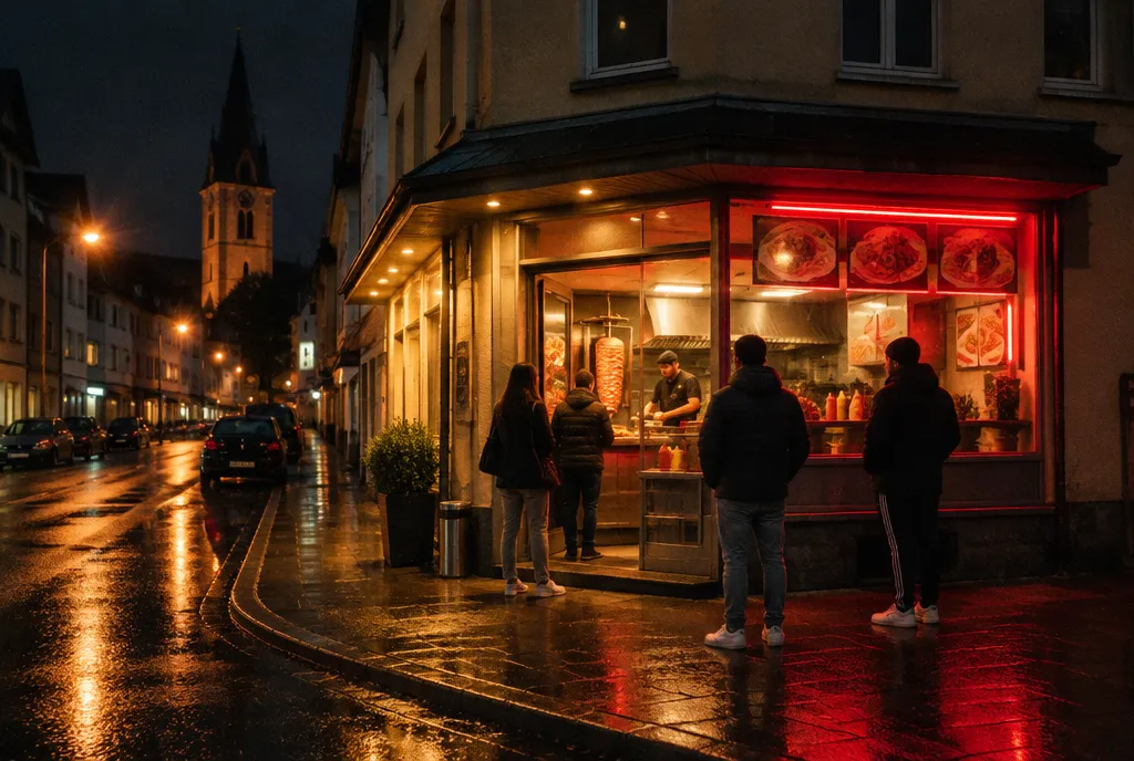Der kleine Dönerladen an der Straßenecke bei Nacht, rotes Licht fällt auf den nassen Gehweg