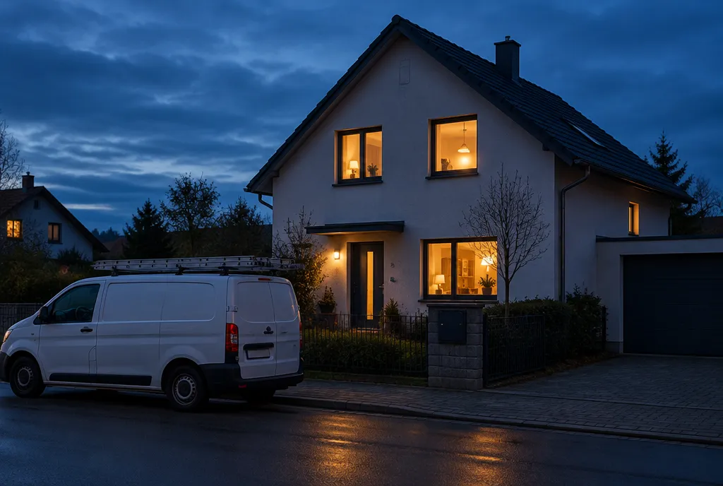 Einfamilienhaus zur blauen Stunde, in den Fenstern geht Licht an, davor ein weißer Transporter
