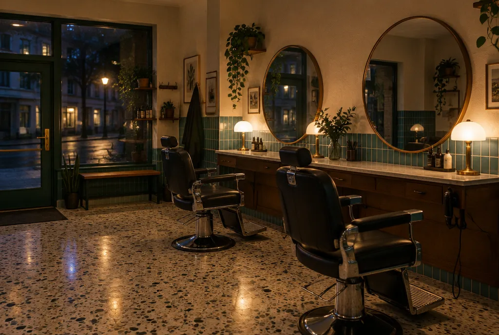 Der leere Salon am Abend mit zwei Stühlen, runden Spiegeln und warmem Licht