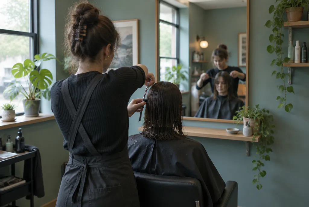 Friseurin schneidet einer Kundin die nassen Haare, im Spiegel sieht man beide