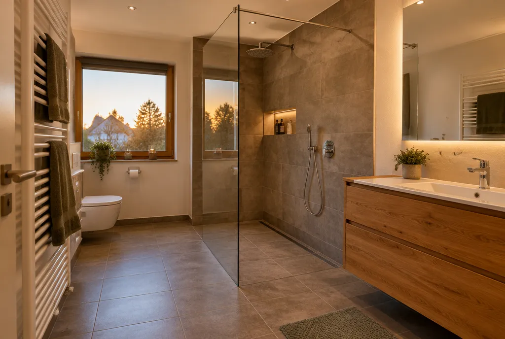 Renoviertes Bad mit bodengleicher Dusche und Holz-Waschtisch