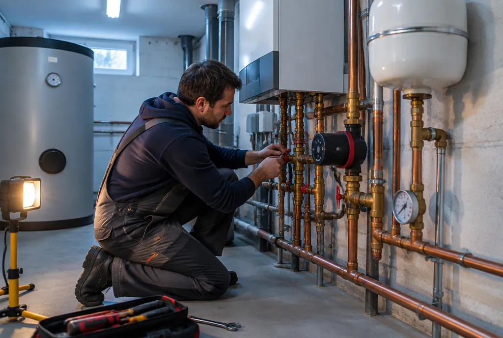 Installateur stellt Ventile im Heizungskeller ein