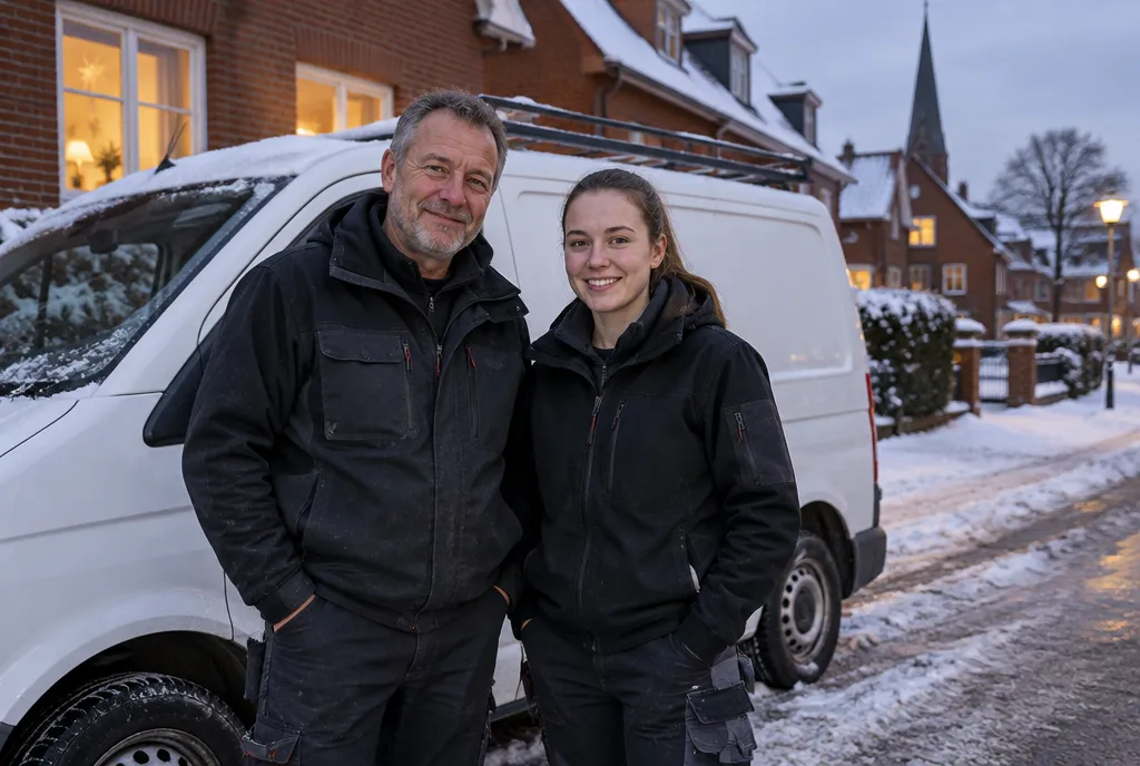 Jupp Wilms und seine Tochter Lea vor dem Firmenwagen in einer verschneiten Straße