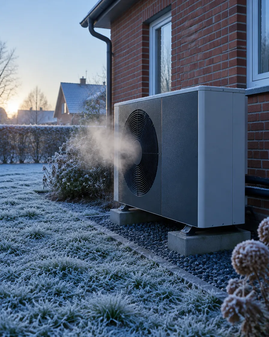 Wärmepumpe vor einem Backsteinhaus im Winter, warmer Dampf steigt aus dem Ventilator, Raureif auf dem Rasen