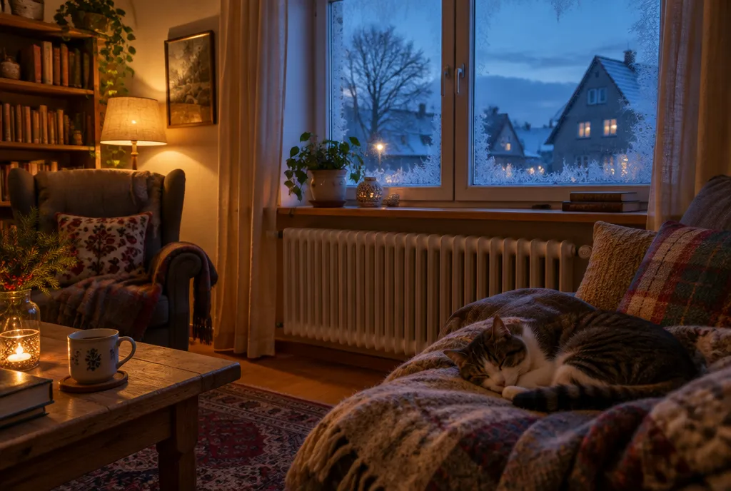Wohnzimmer am Winterabend: Heizkörper unter dem Fenster, eine Katze schläft auf einer Wolldecke