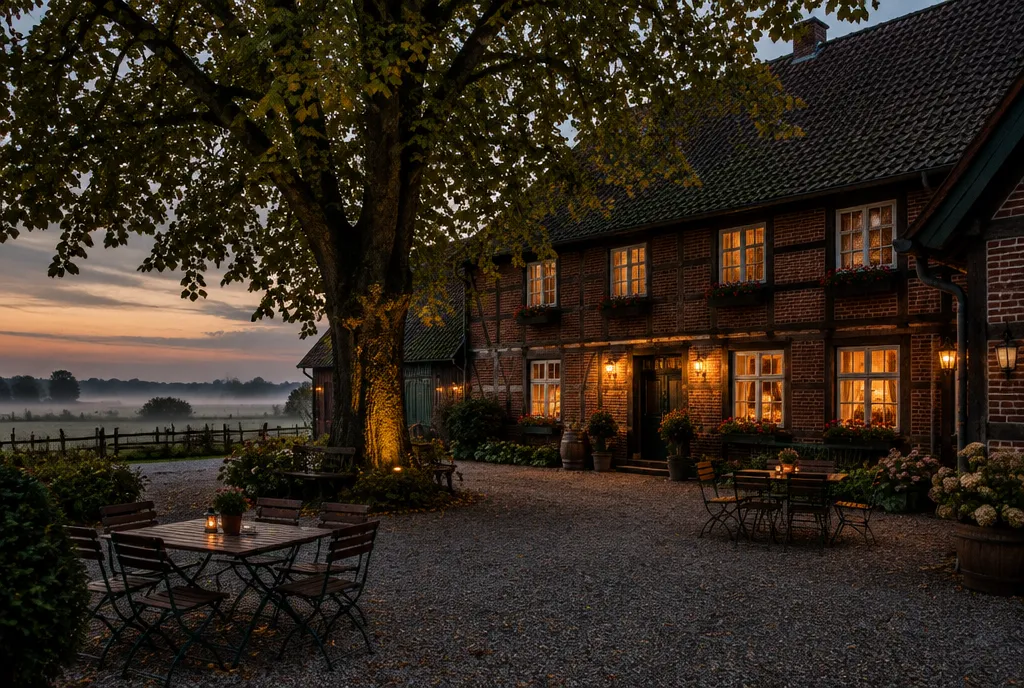 Das Landgasthaus in der Abenddämmerung: Fachwerk und Backstein, Licht in den Fenstern, alte Linde, Nebel über den Feldern