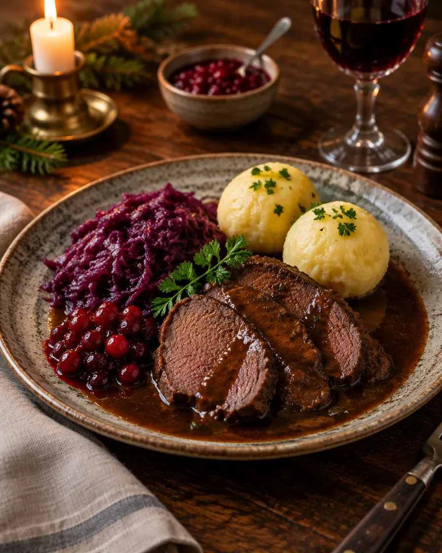 Rehbraten mit dunkler Soße, Rotkohl, Kartoffelklößen und Preiselbeeren bei Kerzenlicht