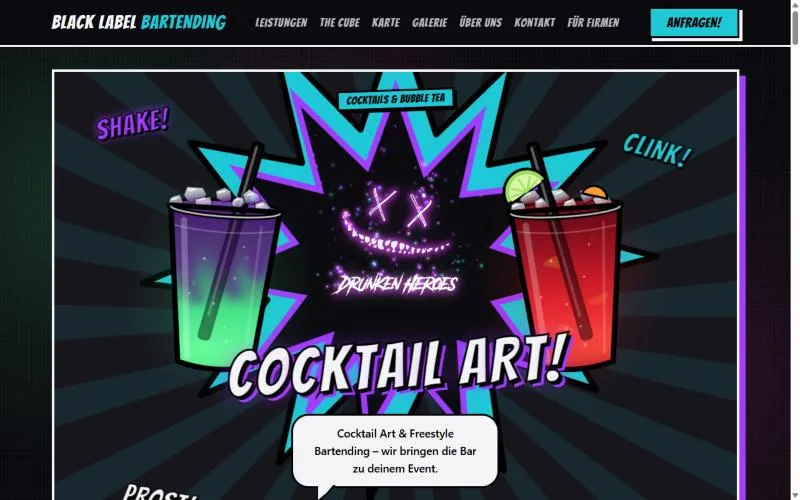 Event-Seite im Comic-Look mit der Überschrift Cocktail Art