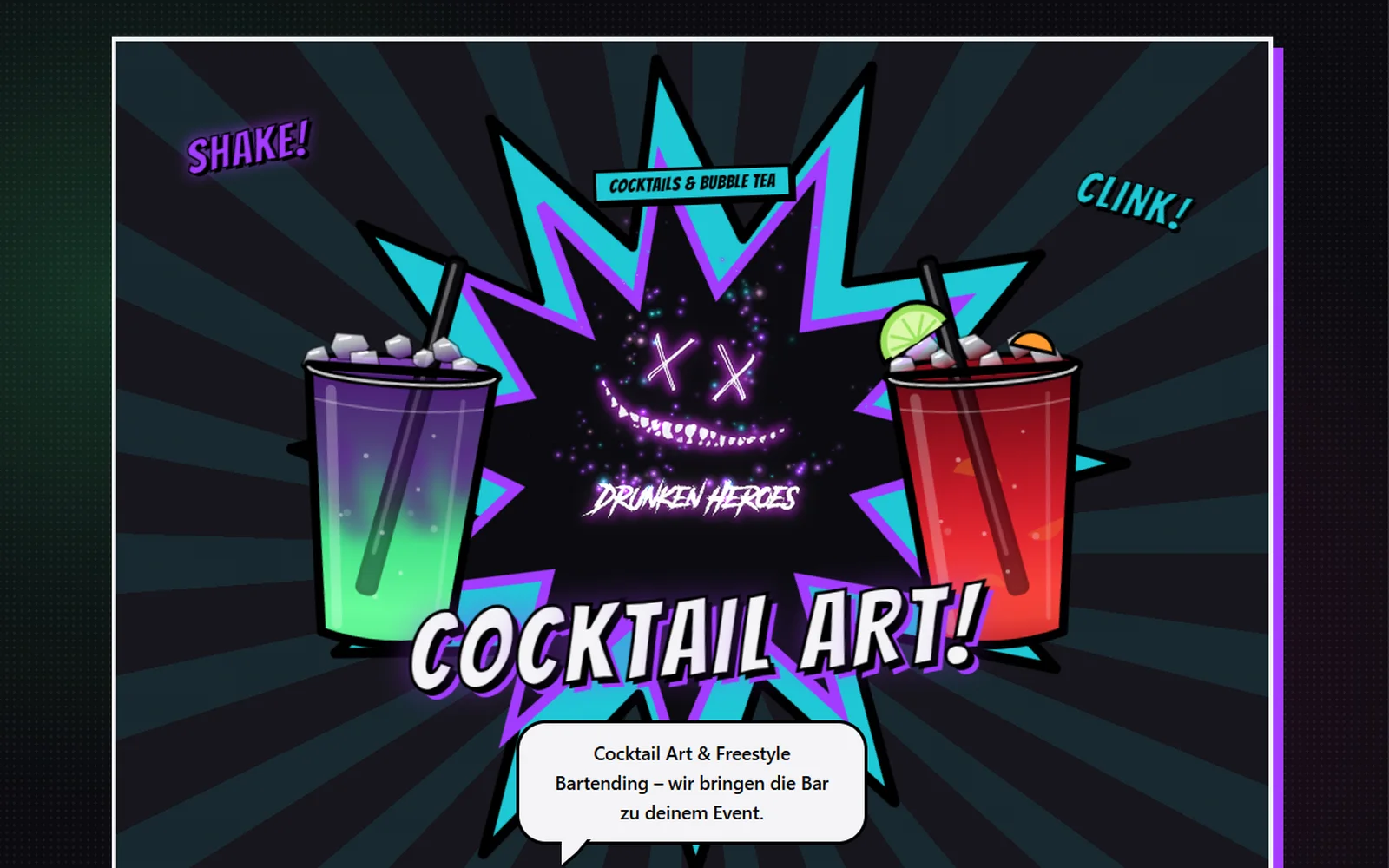 Nachher: die neue Cocktail-Art-Seite von Black Label Bartending im Comic-Look mit Neon-Bechern und Sprechblase