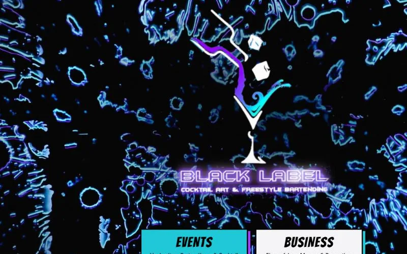 Startseite von Black Label Bartending mit leuchtendem Cocktail-Logo und den Bereichen Events und Business